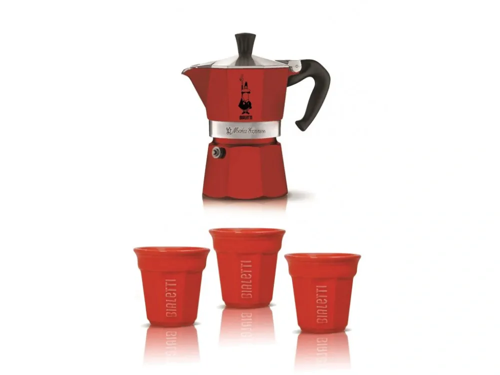 Bialetti Set Moka Express červená 3 šálky + 3 červené šálky