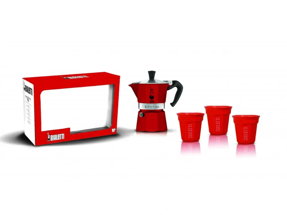 Bialetti Set Moka Express červená 3 šálky + 3 červené šálky